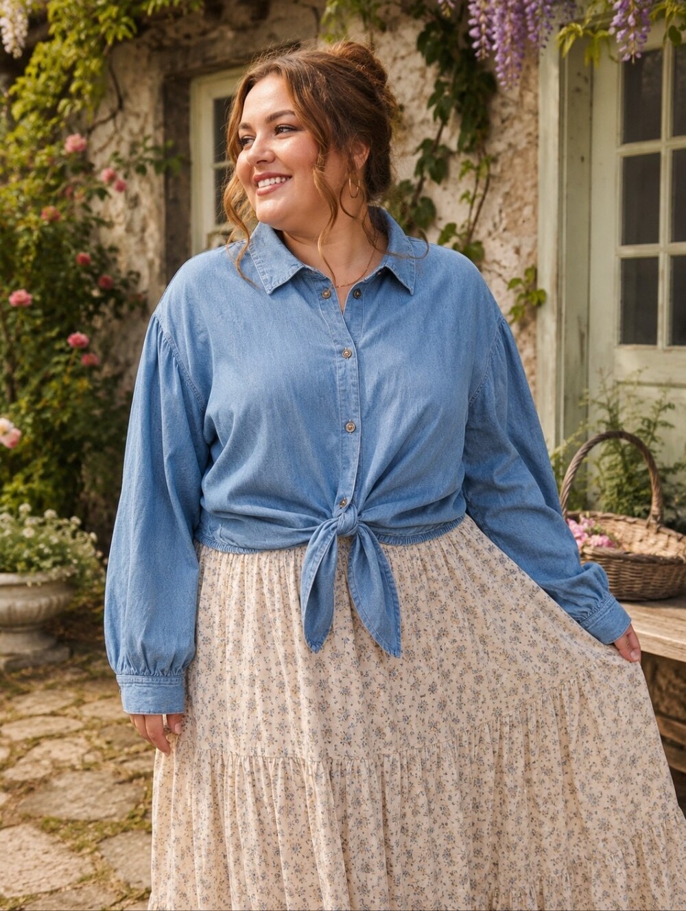 Vintage Size XL: Tie-Front Chambray Button-Up Waist Length Shirt in Blue